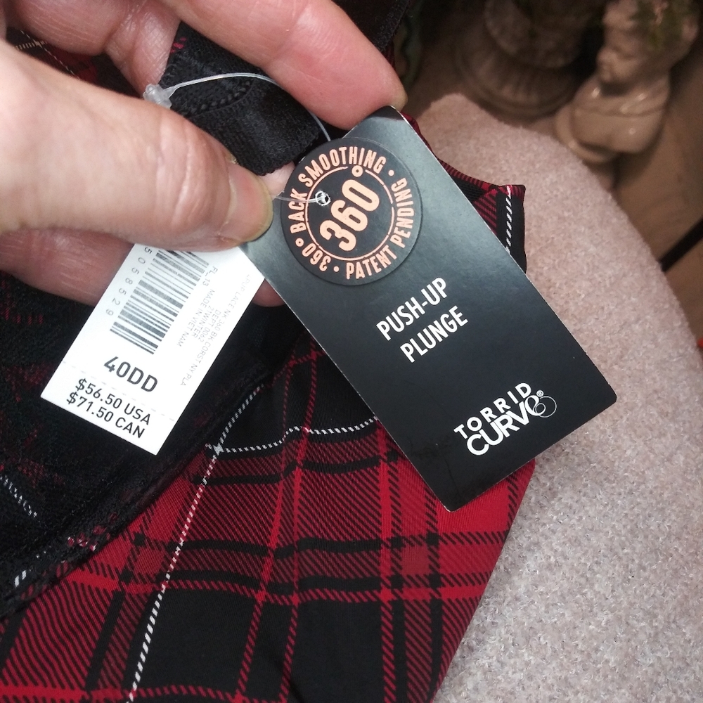 Torrid Curve Goth/Punk Red Black Plaid Lace Trimmed Push-Up Plunge Bra Size 40DD - Picture 6 of 9